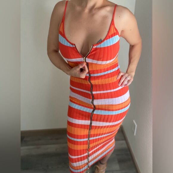 Fashion Nova Midi Dress Ribbed Stripe Dual Zipper Going Out - Picture 5 of 10